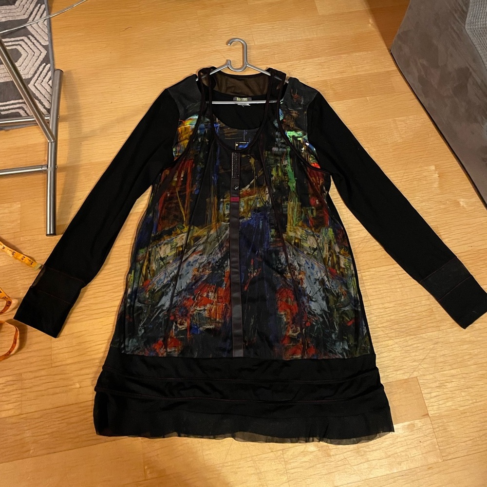Dolcezza Black & Multicolor Long Sleeve Dress with Mesh Overlay